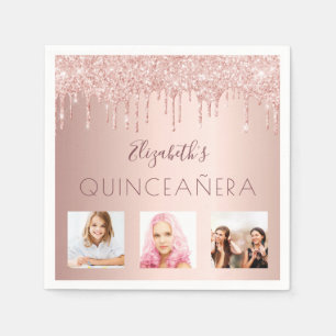 Quinceanera party photo rose gold pink drips napkin