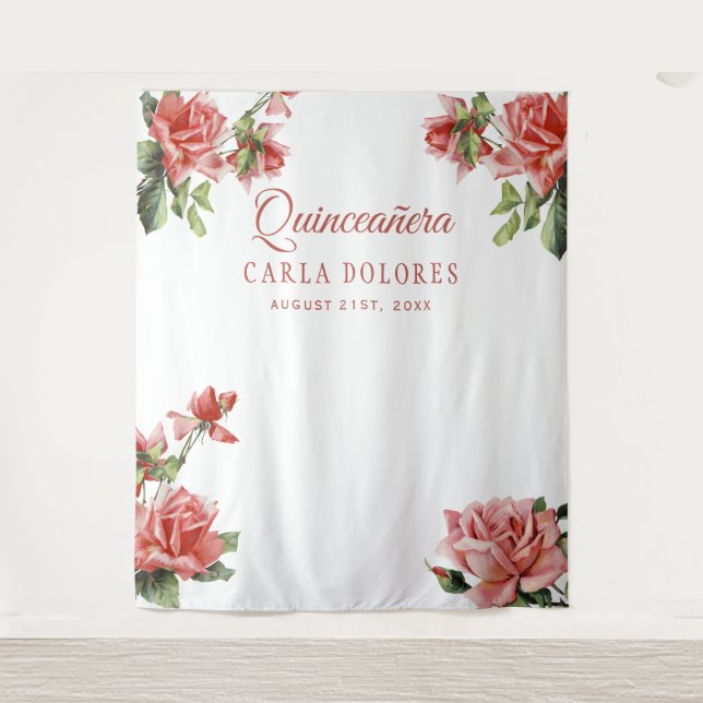 Quinceañera party pink roses photo booth backdrop tapestry (Front)