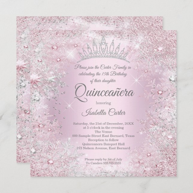 Quinceanera Party Pink Silver Winter Wonderland Invitation (Front/Back)