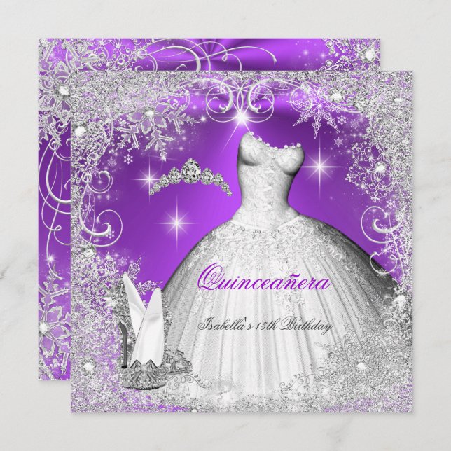 Quinceanera Party Purple Silver Winter Snowflakes Invitation (Front/Back)