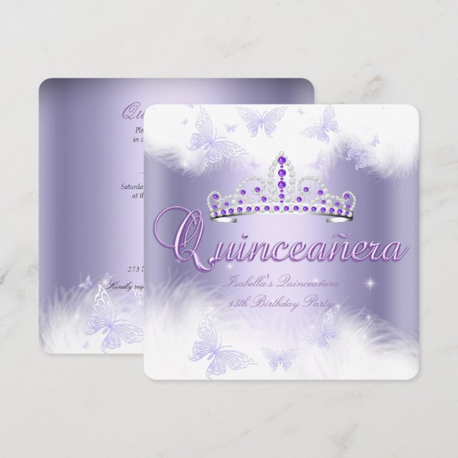Quinceanera Party Purple Tiara Butterfly Invitation (Front/Back)