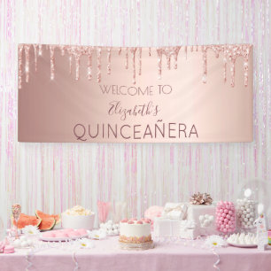 Quinceanera party rose gold glitter drip welcome banner