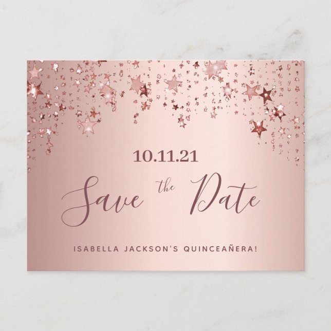 Quinceanera party rose gold stars save the date postcard (Front)