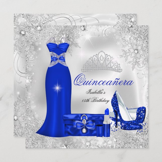 Quinceanera Party Royal Blue Silver Snowflakes S Invitation (Front/Back)