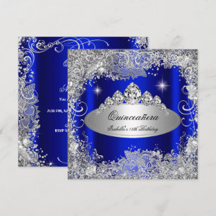 Quinceanera Party Royal Blue Silver Tiara Invitation