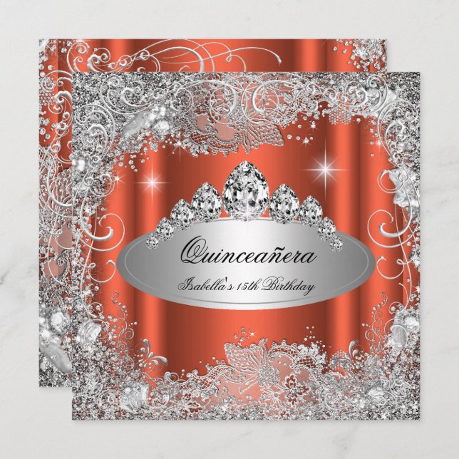 Quinceanera Party Rusty Orange Silver Tiara Invitation (Front/Back)
