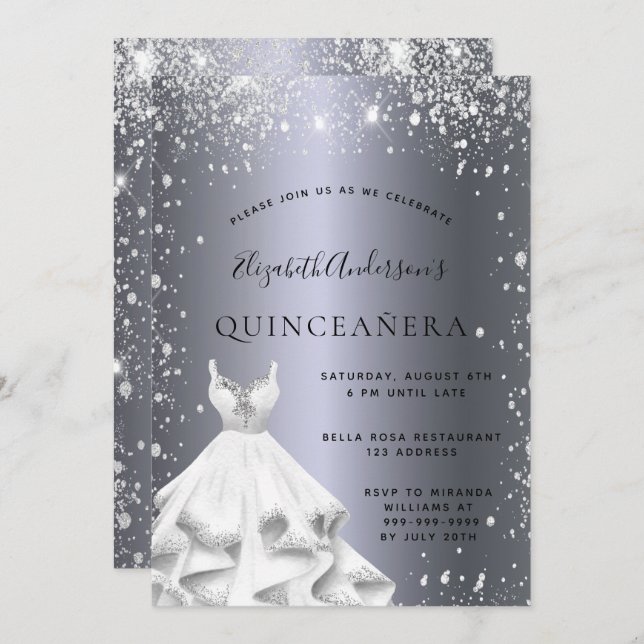 Quinceanera party silver dress glitter dust invitation (Front/Back)
