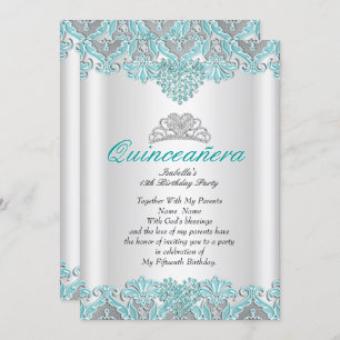 Quinceanera Party Teal Blue Hearts Lace Tiara 2 Invitation