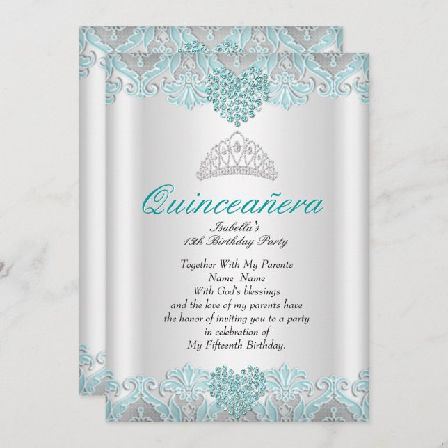 Quinceanera Party Teal Blue Hearts Lace Tiara Invitation (Front/Back)