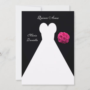 Quinceanera Party White Gown and Pink Rose Bouquet Invitation