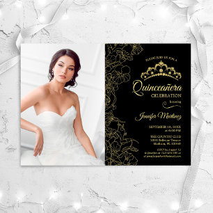 Quinceanera Party With Photo - Black Gold Floral Invitation