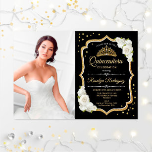 Quinceanera Party With Photo - Black Gold White Invitation