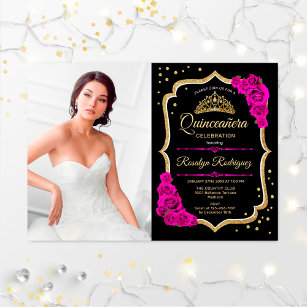 Quinceanera Party With Photo - Black Pink Gold Invitation