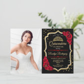 Quinceanera Party With Photo - Black Red Gold Invitation (Standing Front)