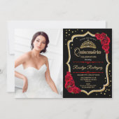 Quinceanera Party With Photo - Black Red Gold Invitation (Front)