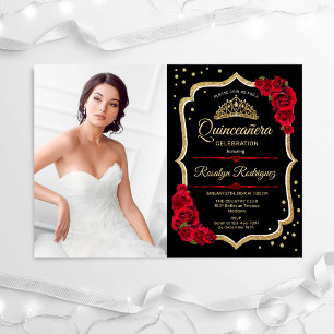 Quinceanera Party With Photo - Black Red Gold Invitation