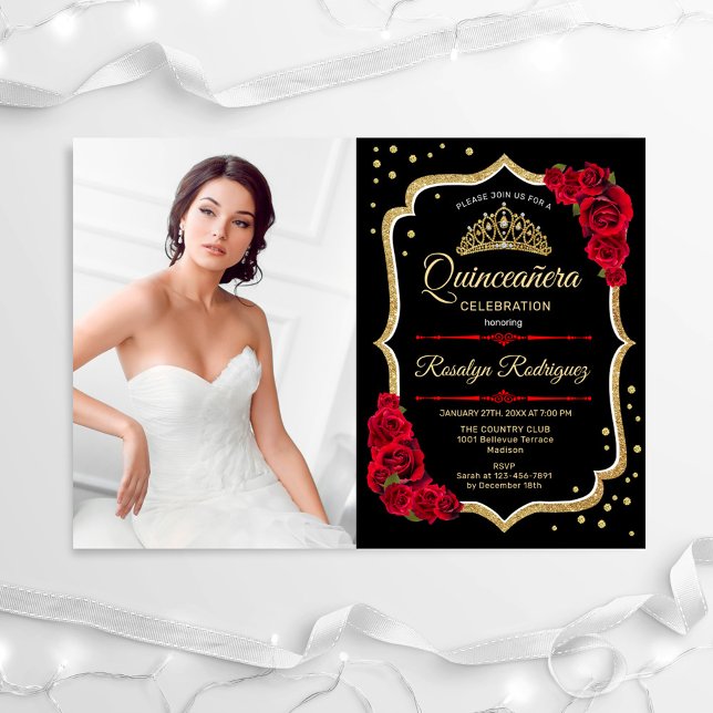 Quinceanera Party With Photo - Black Red Gold Invitation (Creator Uploaded)