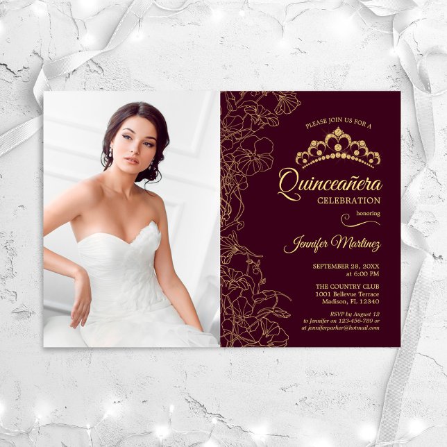 Quinceanera Party With Photo Burgundy Gold Floral Invitation (Creator Uploaded)