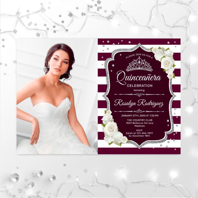 Quinceanera Party With Photo - Burgundy Silver Invitation (Creator Uploaded)