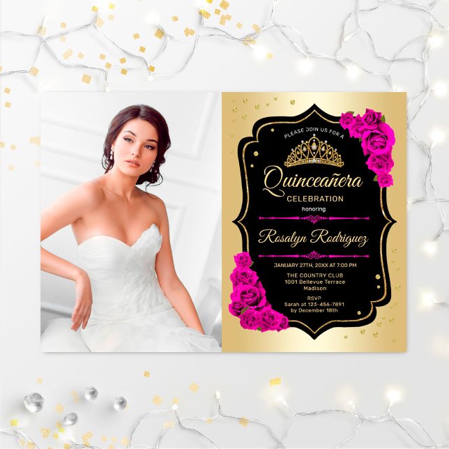 Quinceanera Party With Photo - Gold Black Pink Invitation (Creator Uploaded)