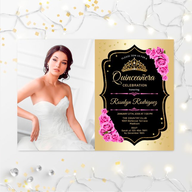 Quinceanera Party With Photo - Gold Black Pink Invitation (Creator Uploaded)