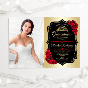 Quinceanera Party With Photo - Gold Black Red Invitation