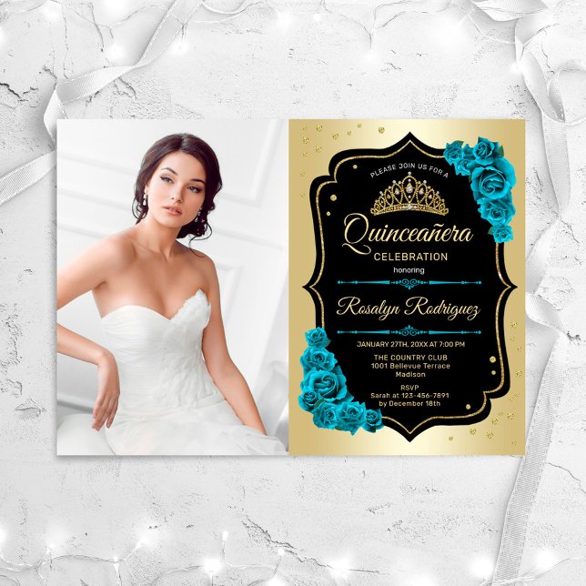 Quinceanera Party With Photo - Gold Black Teal Invitation (Creator Uploaded)