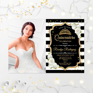 Quinceanera Party With Photo - Gold Black White Invitation