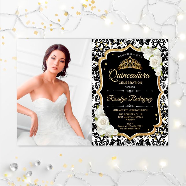 Quinceanera Party With Photo - Gold Black White Invitation (Creator Uploaded)