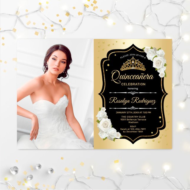 Quinceanera Party With Photo - Gold Black White Invitation (Creator Uploaded)