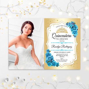 Quinceanera Party With Photo - Gold Blue White Invitation