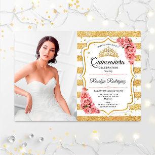 Quinceanera Party With Photo - Gold Blush Pink Invitation