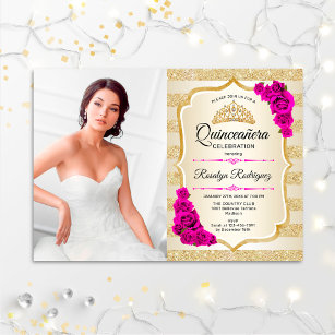 Quinceanera Party With Photo - Gold Pink Invitation
