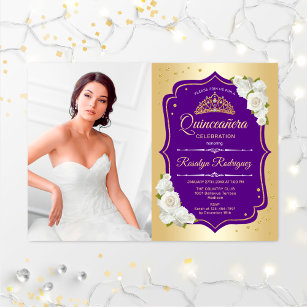 Quinceanera Party With Photo - Gold Purple Invitation