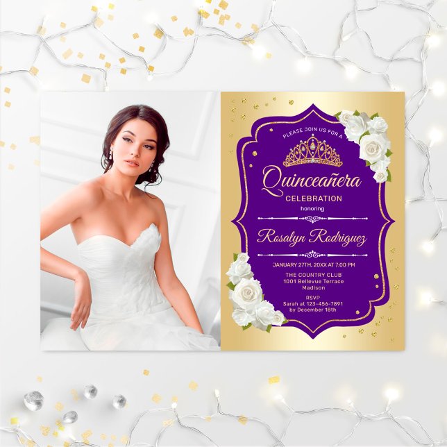 Quinceanera Party With Photo - Gold Purple Invitation (Creator Uploaded)