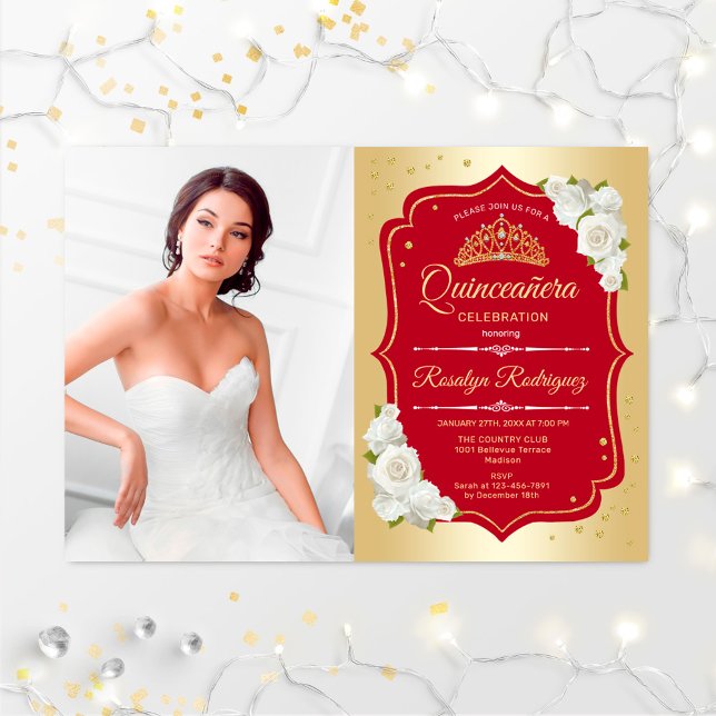 Quinceanera Party With Photo - Gold Red Invitation (Creator Uploaded)