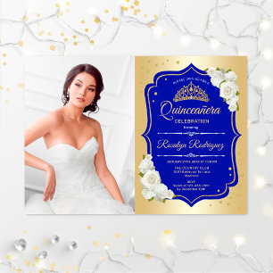 Quinceanera Party With Photo - Gold Royal Blue Invitation