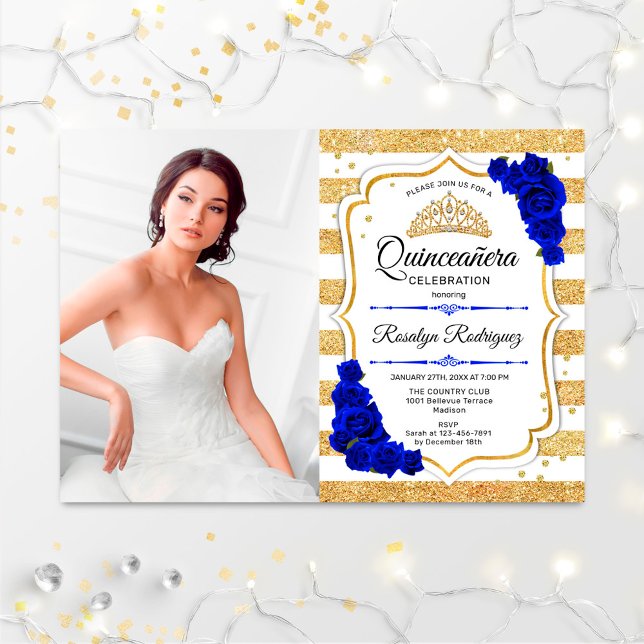 Quinceanera Party With Photo - Gold Royal Blue Invitation (Creator Uploaded)