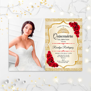Quinceanera Party With Photo - Gold Stripes Invitation
