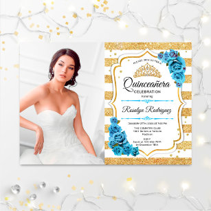Quinceanera Party With Photo - Gold Turquoise Blue Invitation