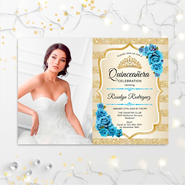 Quinceanera Party With Photo - Gold Turquoise Blue Invitation (Creator Uploaded)