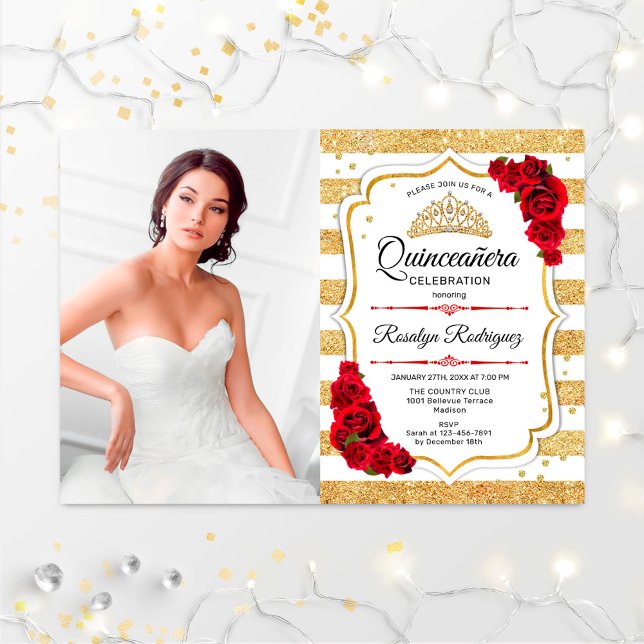 Quinceanera Party With Photo - Gold White Stripes Invitation (Creator Uploaded)
