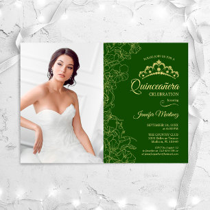 Quinceanera Party With Photo - Green Gold Floral Invitation