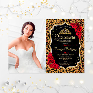 Quinceanera Party With Photo - Leopard Print Red Invitation