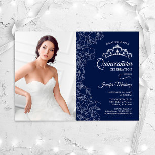Quinceanera Party With Photo - Navy White Floral Invitation