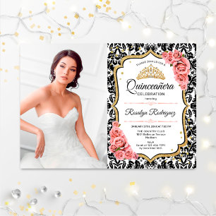 Quinceanera Party With Photo - Pink Gold Black Invitation