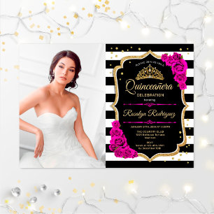 Quinceanera Party With Photo - Pink Gold Black Invitation