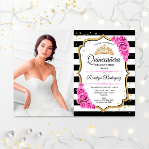 Quinceanera Party With Photo - Pink Gold Black Invitation