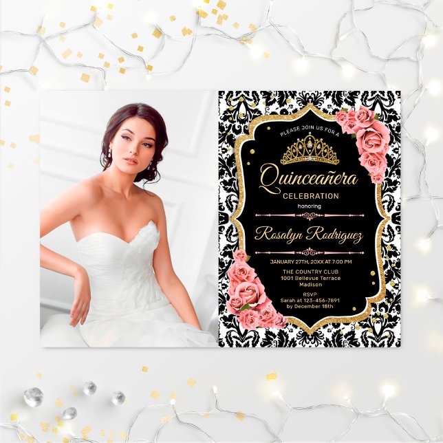Quinceanera Party With Photo - Pink Gold Black Invitation (Creator Uploaded)