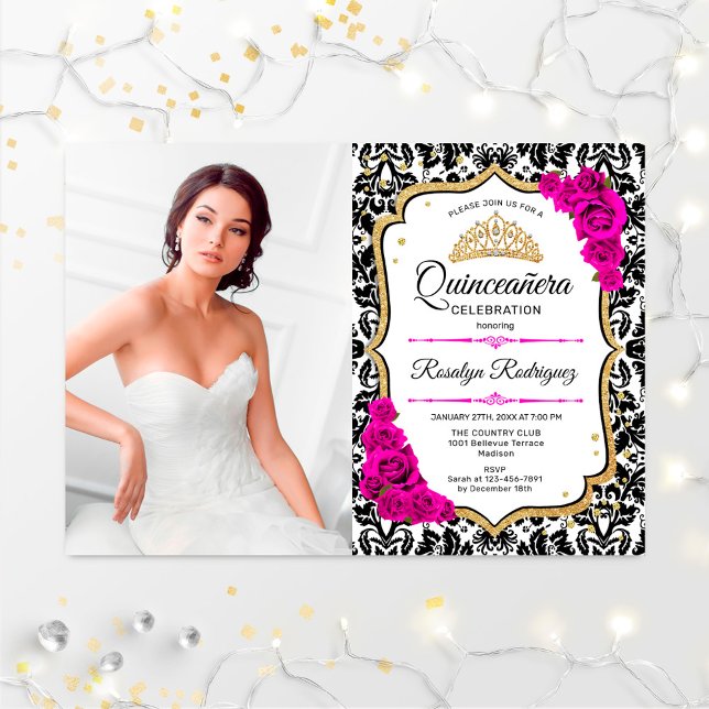 Quinceanera Party With Photo - Pink Gold Black Invitation (Creator Uploaded)